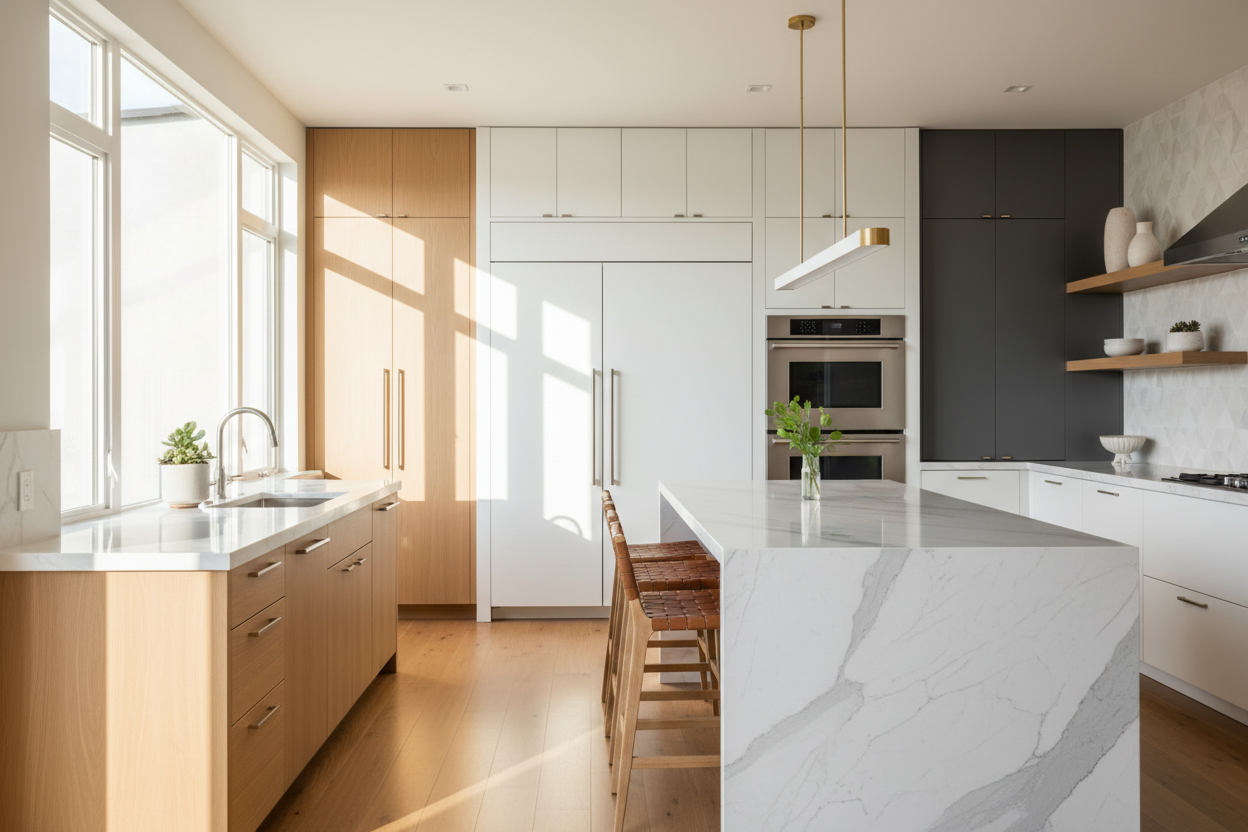 Upscale kitchen with integrated refrigerator and wall oven