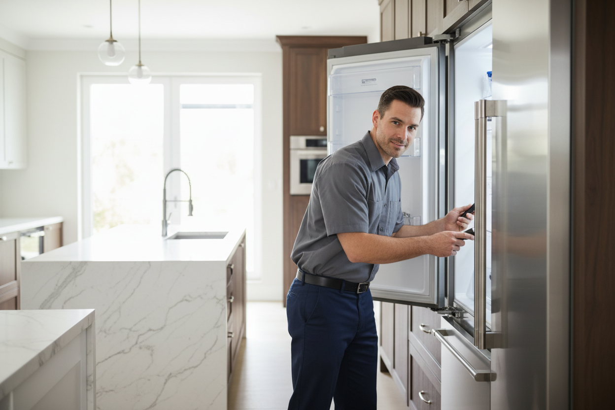 Professional appliance repair technician inspecting a built-in refrigerator
